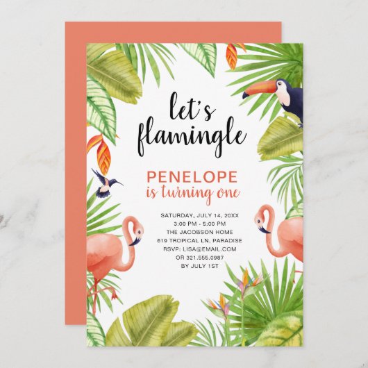 トロピカルフラミンゴウォーターカラーファースト誕生日 招待状 (正面/裏面)