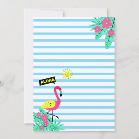 トロピカルフラミンゴカップル赤ちゃんシャワールアウ（ハワイ式宴会）ブルー 招待状 (裏面)