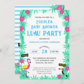 トロピカルフラミンゴカップル赤ちゃんシャワールアウ（ハワイ式宴会）ブルー 招待状 (正面/裏面)