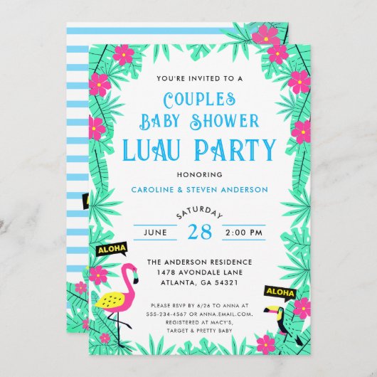 トロピカルフラミンゴカップル赤ちゃんシャワールアウ（ハワイ式宴会）ブルー 招待状 (正面/裏面)