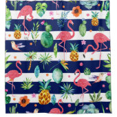 トロピカルフラミンゴスブルー&ホワイトストライプ シャワーカーテン (正面)