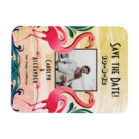 トロピカルフラミンゴス写真結婚式の日付を保存 マグネット (横)