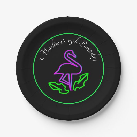 トロピカルフラミンゴネオンパーティーグローパーティー 10代の ペーパープレート (正面)