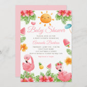 トロピカルフラミンゴビーチガールベビーシャワー 招待状 (正面/裏面)