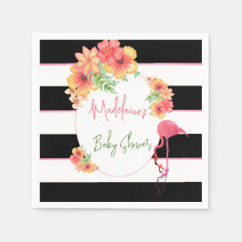 トロピカルフラミンゴピンクブラックストライプベビーシャワー スタンダードカクテルナプキン