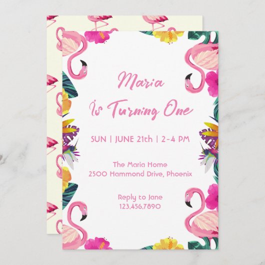 トロピカルフラミンゴファースト誕生日招待状 招待状 (正面/裏面)