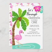 トロピカルフラミンゴファースト誕生日 招待状 (正面/裏面)