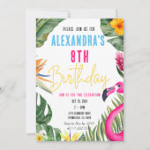 トロピカルフラミンゴフローラガールルアウ（ハワイ式宴会）子供の誕生日 招待状 (正面)