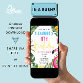 トロピカルフラミンゴフローラガールルアウ（ハワイ式宴会）子供の誕生日 招待状