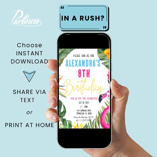 トロピカルフラミンゴフローラガールルアウ（ハワイ式宴会）子供の誕生日 招待状