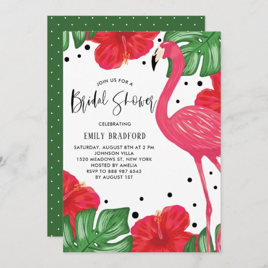トロピカルフラミンゴフローラブライダルシャワー招待 招待状 (正面/裏面)