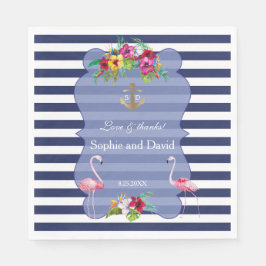 トロピカルフラミンゴフローラルアウ(ハワイ式宴会)ネイビーストライプズ結婚ズ スタンダードランチョンナプキン