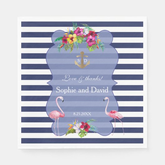 トロピカルフラミンゴフローラルアウ（ハワイ式宴会）ネイビーストライプズ結婚ズ スタンダードランチョンナプキン (正面)