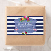 トロピカルフラミンゴフローラルアウ（ハワイ式宴会）ネイビーストライプズ結婚ズ ラベル (インサイチュ)