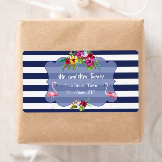 トロピカルフラミンゴフローラルアウ（ハワイ式宴会）ネイビーストライプズ結婚ズ ラベル (インサイチュ)