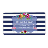 トロピカルフラミンゴフローラルアウ（ハワイ式宴会）ネイビーストライプズ結婚ズ ラベル (正面)