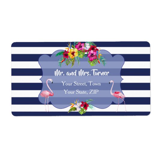 トロピカルフラミンゴフローラルアウ（ハワイ式宴会）ネイビーストライプズ結婚ズ ラベル (正面)