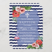 トロピカルフラミンゴフローラルアウ（ハワイ式宴会）ネイビーブルーバプテスマ 招待状 (正面/裏面)