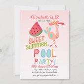 トロピカルフラミンゴプールパーティーピンクウォーターメロンガールズ 招待状 (正面)