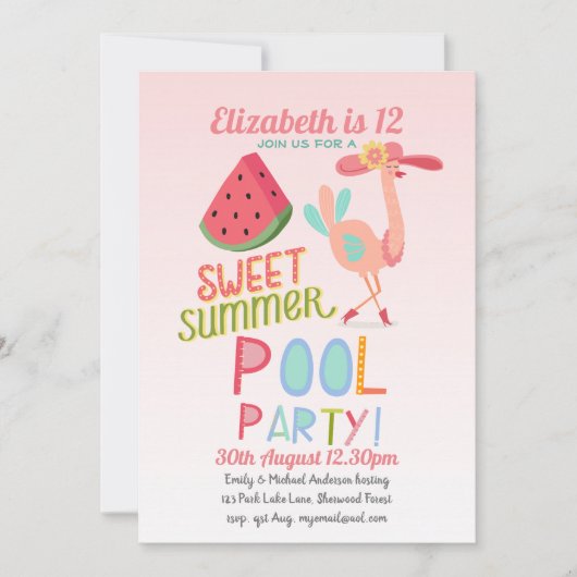 トロピカルフラミンゴプールパーティーピンクウォーターメロンガールズ 招待状 (正面)