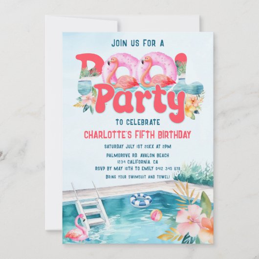 トロピカルフラミンゴプールパーティー誕生日 招待状 (正面)