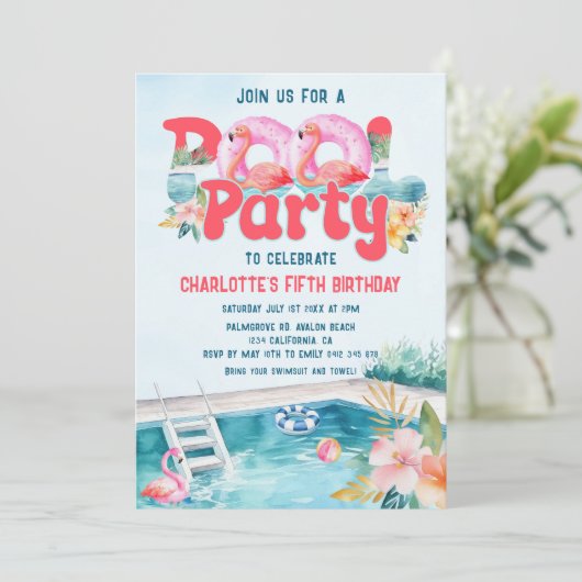 トロピカルフラミンゴプールパーティー誕生日 招待状 (スタンド正面)
