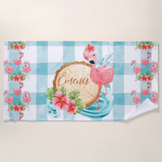トロピカルフラミンゴ名前をカスタムする夏ビーチタオル ビーチタオル