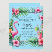 トロピカルフラミンゴ誕生日パーティー 招待状 (正面/裏面)