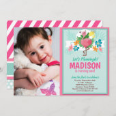 トロピカルフラミンゴ誕生日フォト招待状 招待状 (正面/裏面)