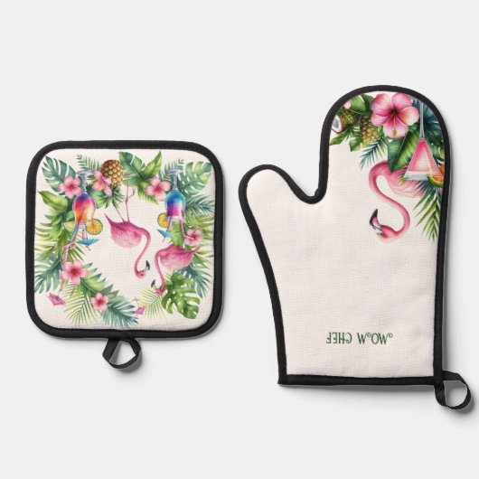 トロピカルフラミンゴ退職母おばあちゃん妻 鍋つかみ&鍋敷きセット (正面)