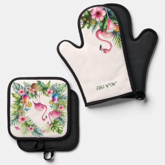 トロピカルフラミンゴ退職母おばあちゃん妻 鍋つかみ&鍋敷きセット (正面/裏面)