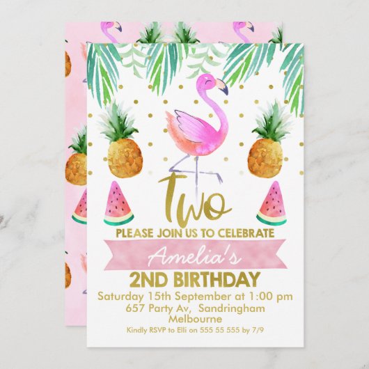 トロピカルフラミンゴ2歳誕生日招待状 招待状 (正面/裏面)