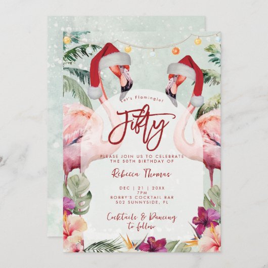 トロピカルフラミンゴ50歳の誕生日パーティーの招待 招待状 (正面/裏面)