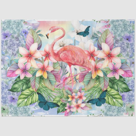 トロピカルフラミンゴ&ウォータカラー花模様 薄葉紙 (正面)