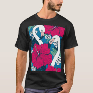 トロピカルフラミンゴ:ハイビスカスプルメリア背景。 Tシャツ