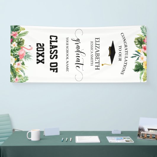 トロピカルフラミンゴ&葉の卒業式ドアバナー 横断幕 (トレードショー)
