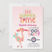 トロピカルフラミンゴPOOLパーティーピンクブルーガール 招待状 (正面)