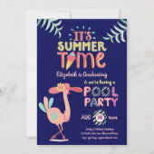 トロピカルフラミンゴPOOLパーティーピンクブルーガール 招待状 (正面)