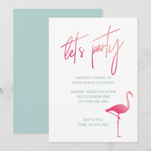 トロピカルフラミンゴsweet sixteenピンク&ミント招待状 招待状 (正面/裏面)