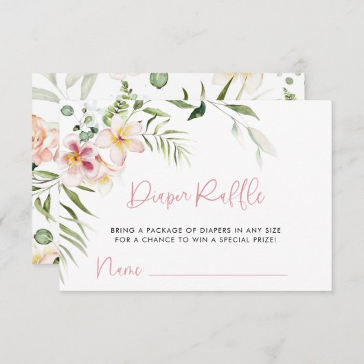 トロピカルフラワーおむつラッフルチケット、ベビーシャワー エンクロージャーカード (正面/裏面)