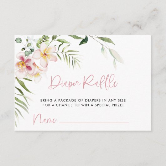 トロピカルフラワーおむつラッフルチケット、ベビーシャワー エンクロージャーカード (正面)
