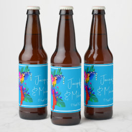 トロピカルフラワーとカラフルなオウム ビールラベル