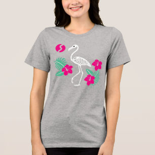 トロピカルフラワーとスタイリッシュなフラミンゴの骨格 トライブレンドTシャツ