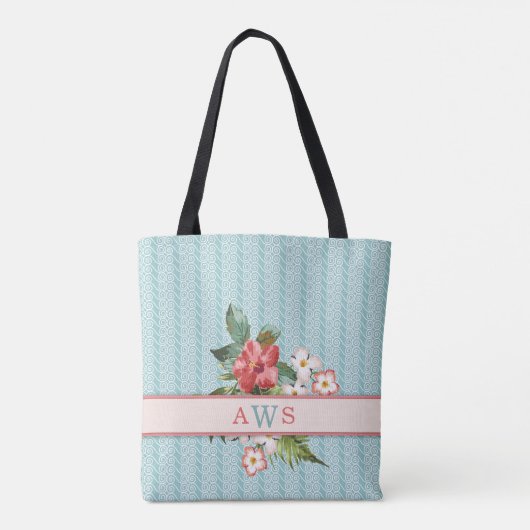トロピカルフラワーアクアパーソナライズされた/サンゴ トートバッグ (裏面)