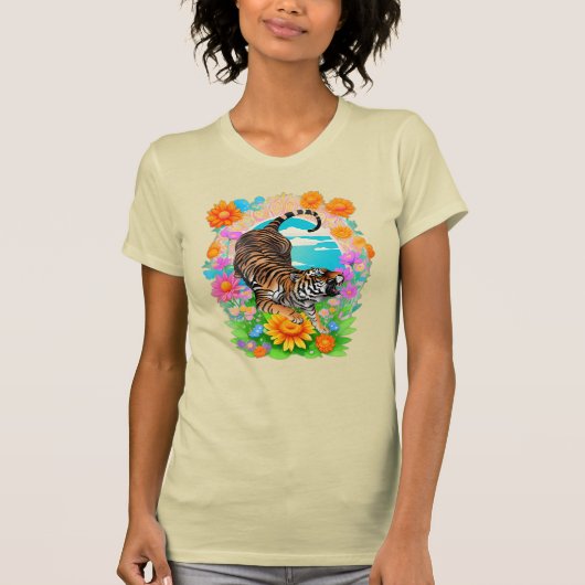 トロピカルフラワーガーデンに佇むマジェスティックタイガー レトロ Tシャツ (正面)