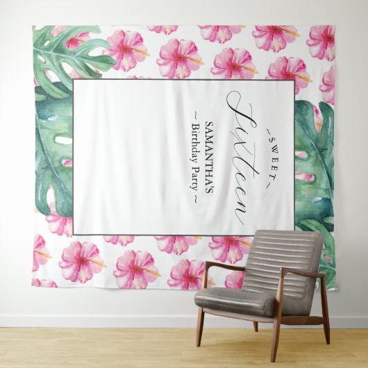 トロピカルフラワースウィート16バースデーパーティーの背景 タペストリー (インサイチュ(横))