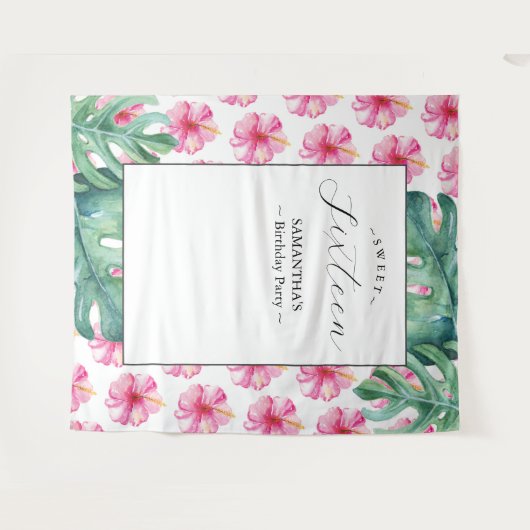 トロピカルフラワースウィート16バースデーパーティーの背景 タペストリー (正面(横))