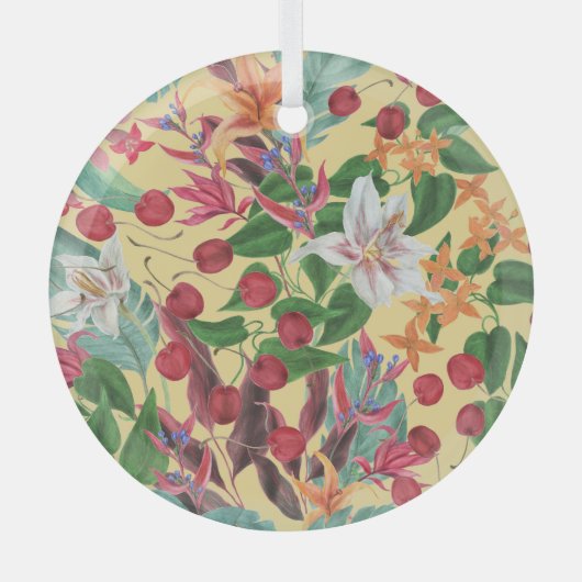 トロピカルフラワーズさくらんぼ：水彩シームレスパット ガラスオーナメント (正面)