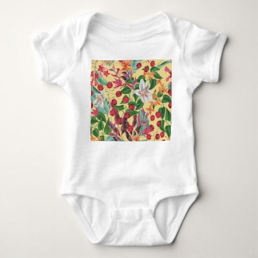 トロピカルフラワーズさくらんぼ:水彩シームレスパット ベビーボディスーツ (正面)