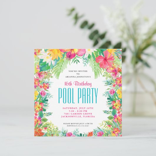 トロピカルフラワーズスイミングプールパーティー誕生日 招待状 (スタンド正面)